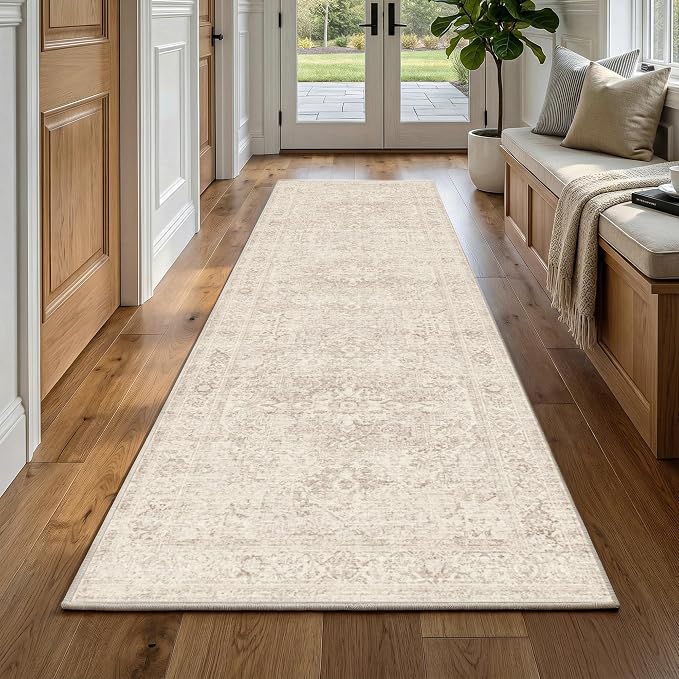 FMFUNCTEX 2x12 Runner Rug Beige Washable Vintage Neutral Oriental Distressed Non Slip Low Pile Indoor Carpet Retro Hallway Entryway Rug for Kitchen Living Room Bedroom Bathroom Laundry Entry Bedside