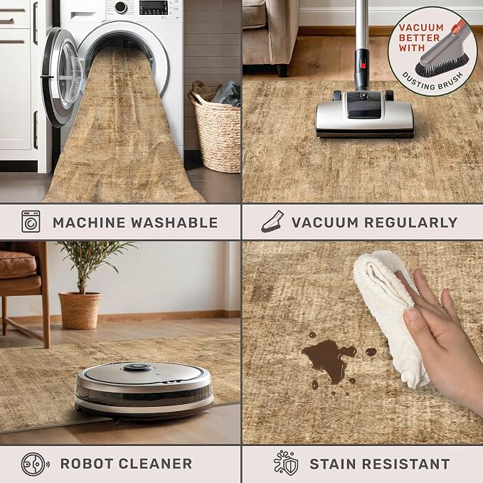 Washable 2x3 Small Entryway Rugs Indoor, Gold and Brown Area Rug for Kitchen, Bathroom, Farmhouse Medallion Indoor Décor, Non Slip Low Pile Stain Resistant Carpet