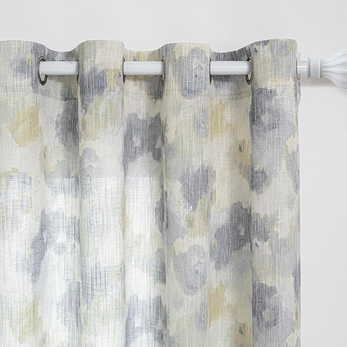MYSKY HOME Floral Curtains 84 Inch Long for Girls Bedroom, Yellow Curtains for Living Room, Farmhouse Country Light Filtering Grommet Semi Sheer Natural Drapes Grey Colorful Design W52, 2 Panels