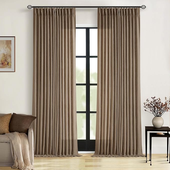 98 Inch Linen Curtains 2 Panels Set Pinch Pleated for Living Room Bedroom Memory Training Shaped Semi Sheer Dutch Cocoa Pinch Pleat Drapes Hooks Rings Light Filtering Window Curtain Drapes