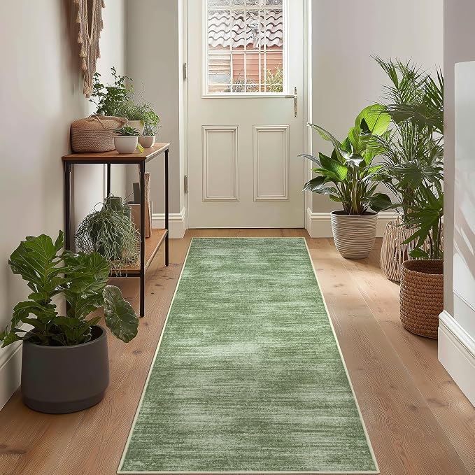 Kitchen Runner Rugs Non Skid Washable Olive Green Low Pile Neutral Rug 3x8 | for Hallways Bedroom Laundry Room, Abstract Minimalist Boho, Low Pile Floor Protector Carpet, Hunter Green, with Foldable