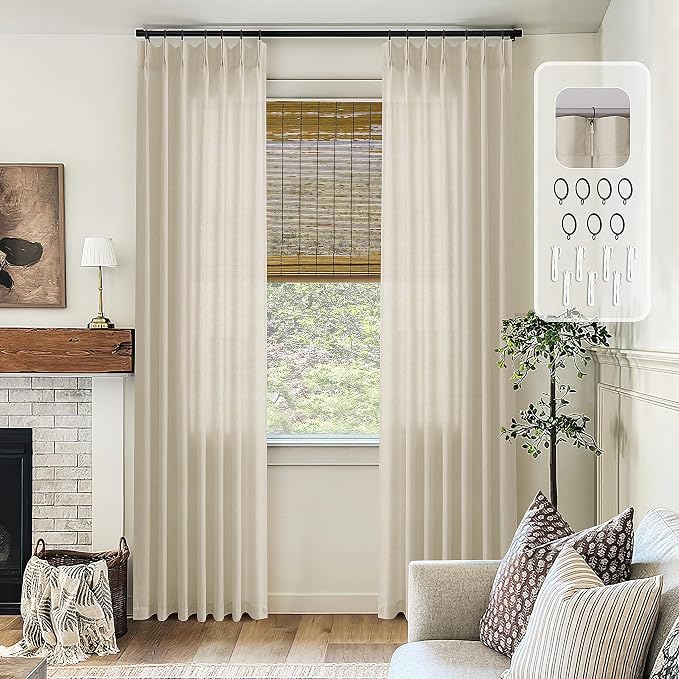 Greyish Beige Pinch Pleated Linen Curtains 84 Inches Long Semi Sheer | Light Filtering, Flax Pleat Drapes, Hooks Rings, Back Tab, for Living Room Dining Bedroom, Farmhouse Boho Curtains, Oatmeal