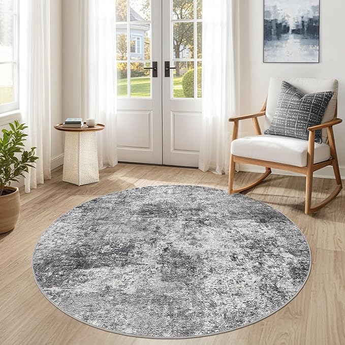 DMOYEST 5ft Round Area Rug Living Room Rugs - 5x5 Washable Large Soft Indoor Neutral Modern Abstract Low Pile Rug Carpet for Bedroom Dining Room Farmhouse Home Office - Grey