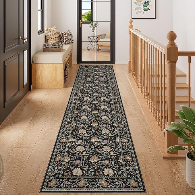 DUKINO 2x8 Runner Rug, Washable Vintage Floral Kitchen Rugs, Black | Non Slip, Low Pile, Stain Resistant Aesthetic Soft Carpet Runner for Hallway Bathroom Entryway Bedroom Farmhouse Laundry Room