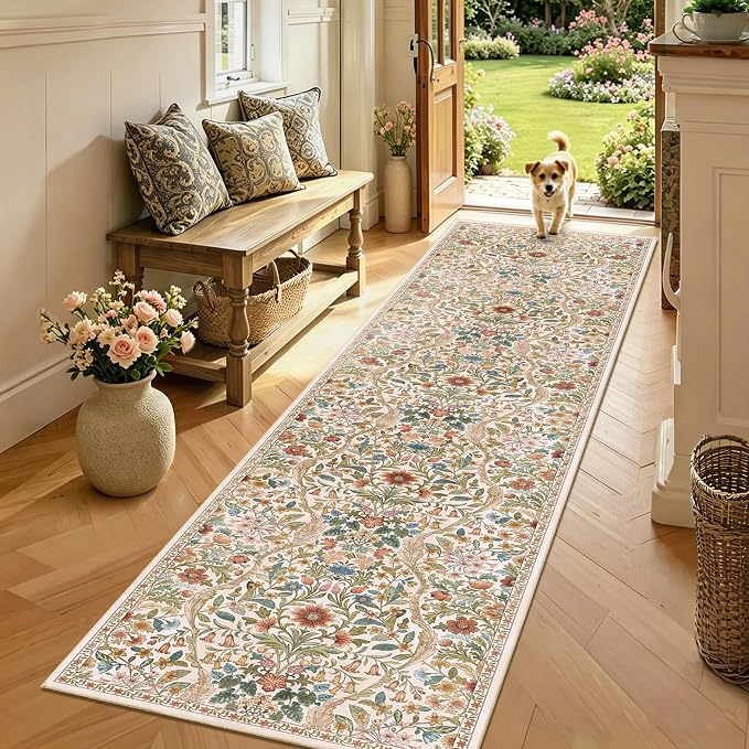 2x8 Washable Runner Rug, Beige Ginger Floral Boho Area Rug for Hallway, Low-Pile Non-Slip Stain Resistant Carpet for Kitchen, Bedside, Laundry Room, Entryway