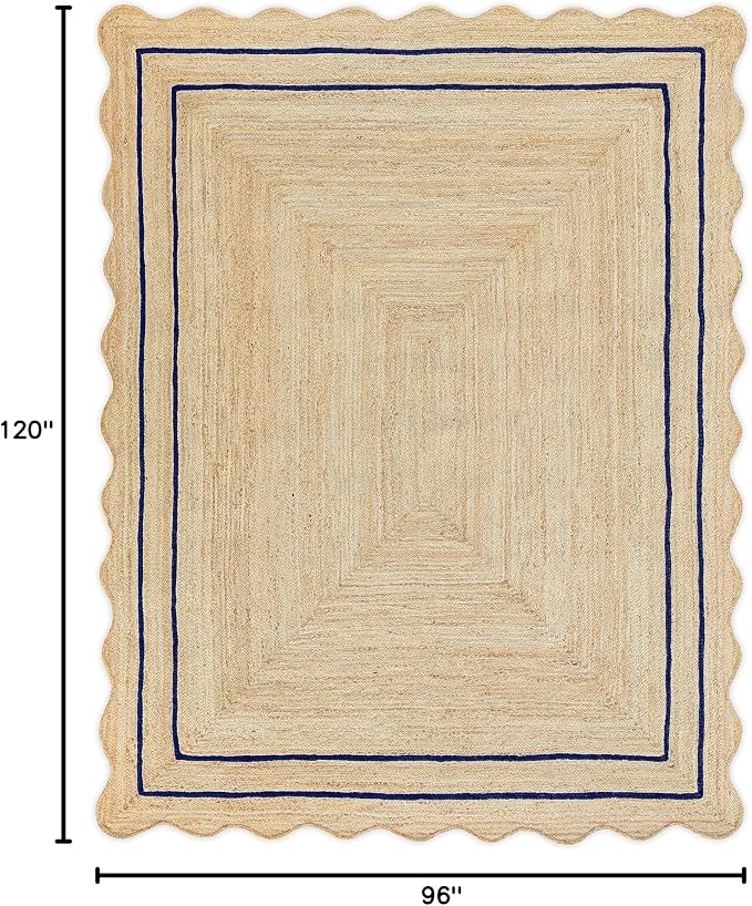 Wave Scalloped Natural Jute Runner, Navy (8'x10'): Boho Farmhouse Entryway Scallop Rug