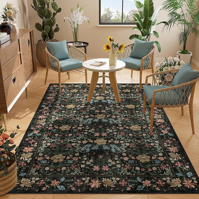 DUKINO 3x5 Rug, Washable Vintage Floral Bedroom Area Rug Non Slip, Black | Low Pile, Non-Shedding, Aesthetic Lightweight Soft Indoor Small Carpet for Bathroom Entryway Living Room Office Farmhouse