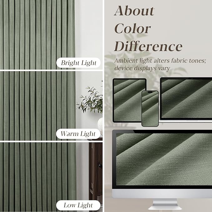 Sage Green Pleated Linen Curtains 108 Inch Length 2 Panels Set Semi Sheer Light Filtering Privacy Window Drapes for Living Room Modern Viral Pinch Pleated Curtains 108 Inches with Hooks Rings Clips
