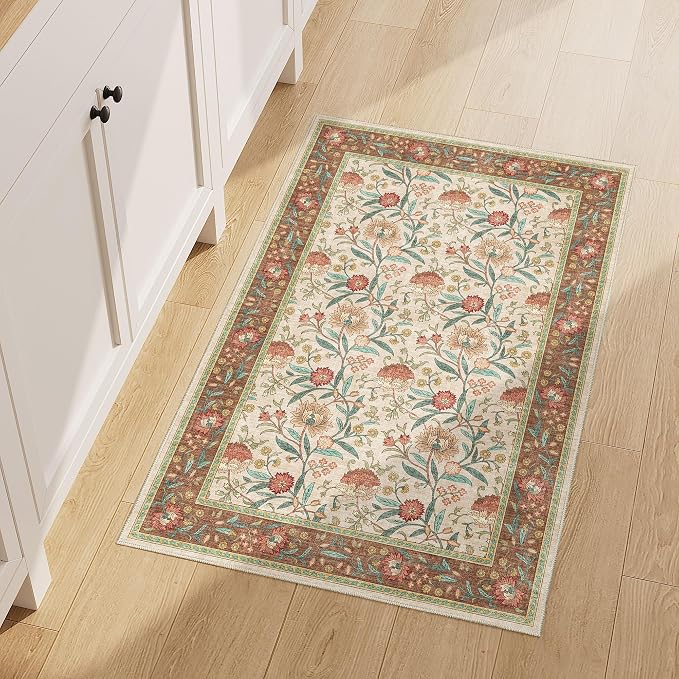 DUKINO 2x3 Rug, Washable Vintage Floral Bathroom Rugs Non Slip, Brown | Low Pile, Stain Resistant Boho Soft Indoor Door Mat, Small Front Door Carpet for Entryway Kitchen Laundry Bedroom Farmhouse