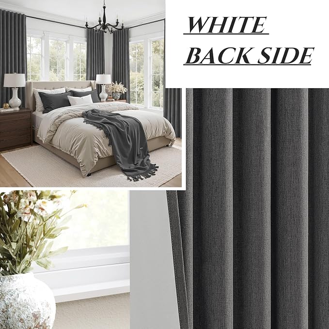 102 Inch Long Dark Gray Blackout Curtains for Bedroom 2 Panels Set, Natural Linen Pleated Floor to Ceiling Thermal Drapes Hooks Rings Back Tab Textured Window Drapes Decor Charcoal Grey(50"Wx102"L)