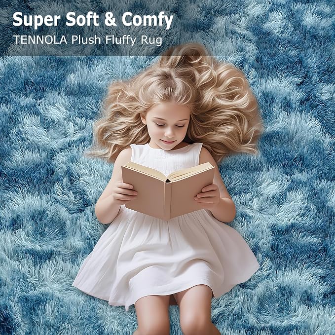 Modern Plush Shaggy 8x10 Large Rug for Living Room Tie Dyed Blue Fluffy Fuzzy Area Rug for Bedroom Aesthetic Big Shag Carpet for Nursery, Playroom, Kids Boys Girls Room