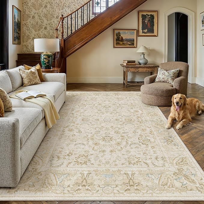 6x9 Beige Washable Area Rug Non Slip Retro Distressed Carpet | Soft Low Pile, Lightweight Foldable, Pet Friendly, Living Room, Bedroom, Dining Room, Classroom, Playroom