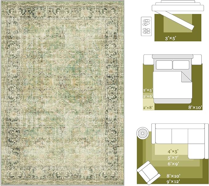 Beauoop 2x6 Hallway Runner Rug Washable Green Vintage Retro Distressed | Non Slip Low Pile Oriental Soft Thin Indoor Carpet Rug Entryway Entrance Kitchen Laundry Bedroom Bathroom Bedside