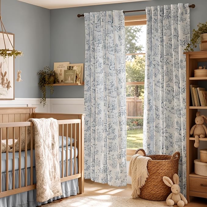 jinchan Blue Blackout Curtains 84 Inch Whimsical Back Tab 2 Panels | Room darkening,nursery kids bedroom,privacy,whimsical,cottagecore,bunny pattern,botanical,nature-inspired decor