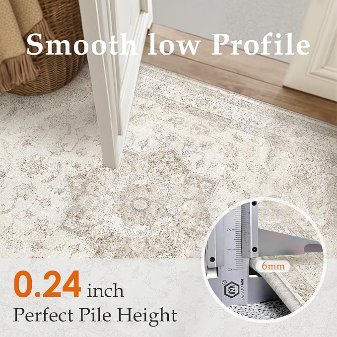 PureCozy Beige Area Rug 7x10 Washable Living Room Carpet Vintage Non Slip Soft Bedroom Indoor Office Retro Low Pile Thin Oriental Medallion Large Rug for Dining Room Bathroom Playroom