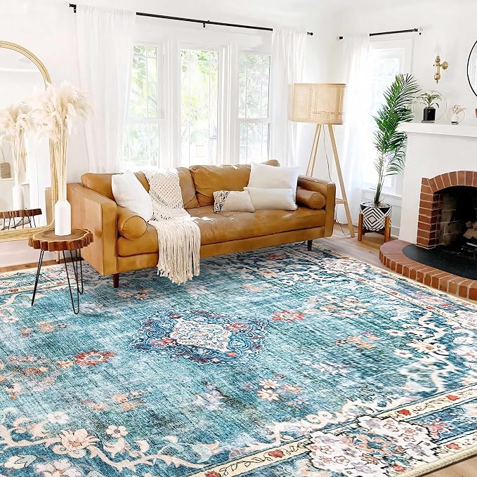 MUJOO 9x12 Area Rug Teal Washable Rug Non Slip Low-Pile Floral Large | Machine Washable Throw Carpet for Living Room Bedroom Dining Room Boho Soft Big Floor Indoor Flowers Blue Colorful