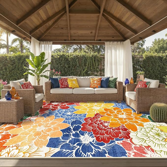 GENIMO 10x14 Outdoor Rug, Washable Quick Dry for Patio, Multicolor | Floral design for gazebo; lightweight chenille with quick-dry non-slip backing for indoor living spaces