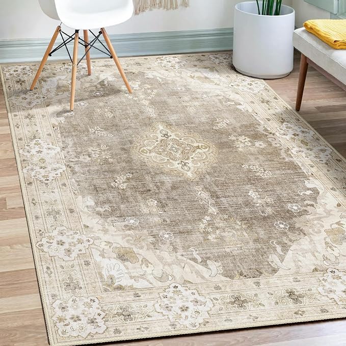 MUJOO Beige Rug 3x5 Washable,Boho Area Rugs Small Non Slip Low-Pile Floral | Machine Washable Throw Carpet for Entryway Bedroom Bedside Kitchen Hallway Living Room Soft Indoor Vintage Bohemian Flowers