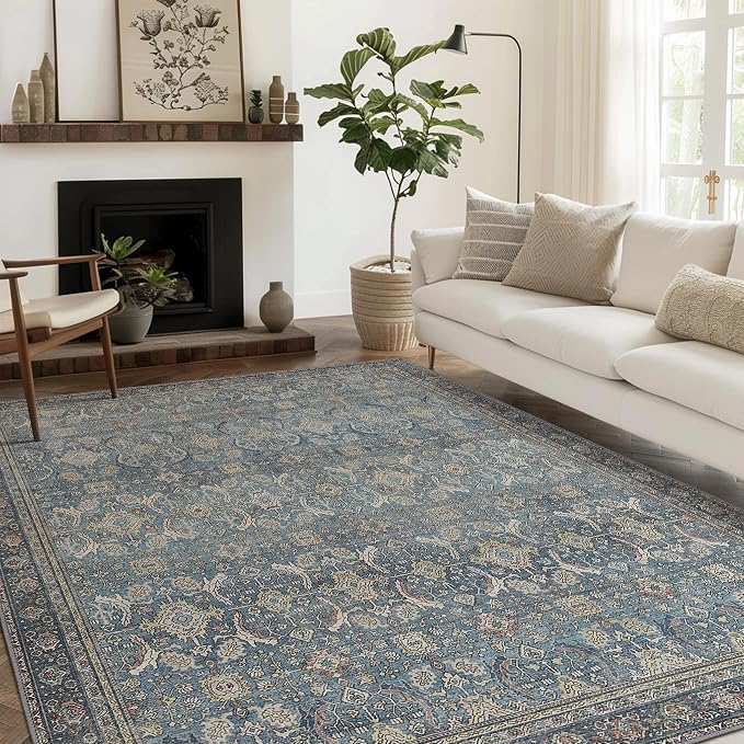 BESBLEE 8X10 Area Rugs Machine Washable Rugs for Living Room, Vintage Boho Large Rugs for Bedroom Dining Room, Non Slip Indoor Soft Distressed Lightweight Thin Low Pile Carpet, Vintage Blue