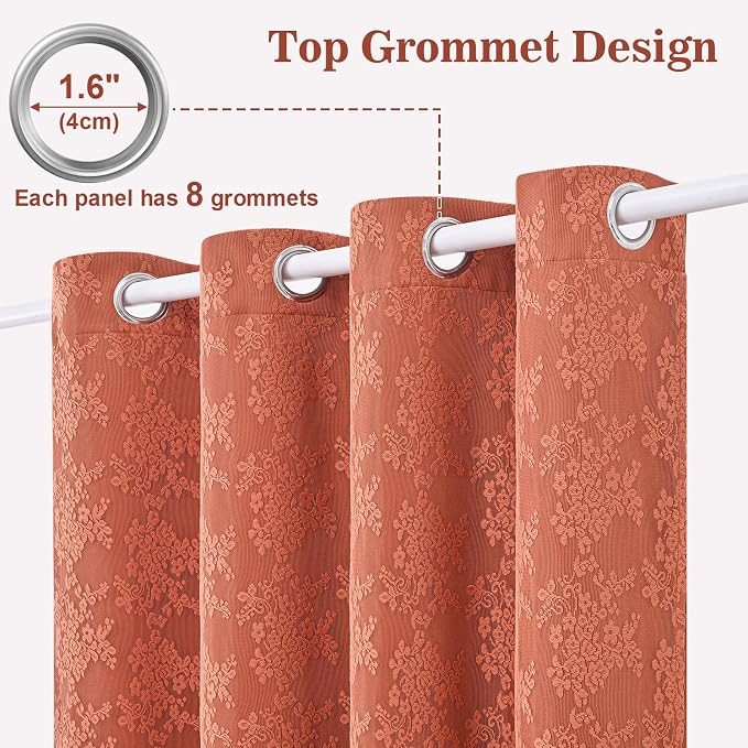 Yinhua Terracotta Curtains for Living Room Double Layer Curtain with Sheer Overlay Farmhouse Blackout Curtains for Bedroom 63 Inch Length, Grommet Drapes with Tiebacks, 2 Panels
