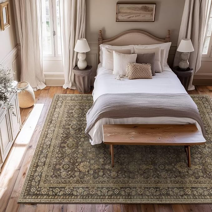 Boho Washable 5x7 Area Rugs for Living Room, Cushioned, Deep Brown | Vintage Non-slip Rugs for Bedroom Dining Room Nursery Office, 0.3" Neutral Oriental Throw Thin Carpet, Deep Brown/Beige
