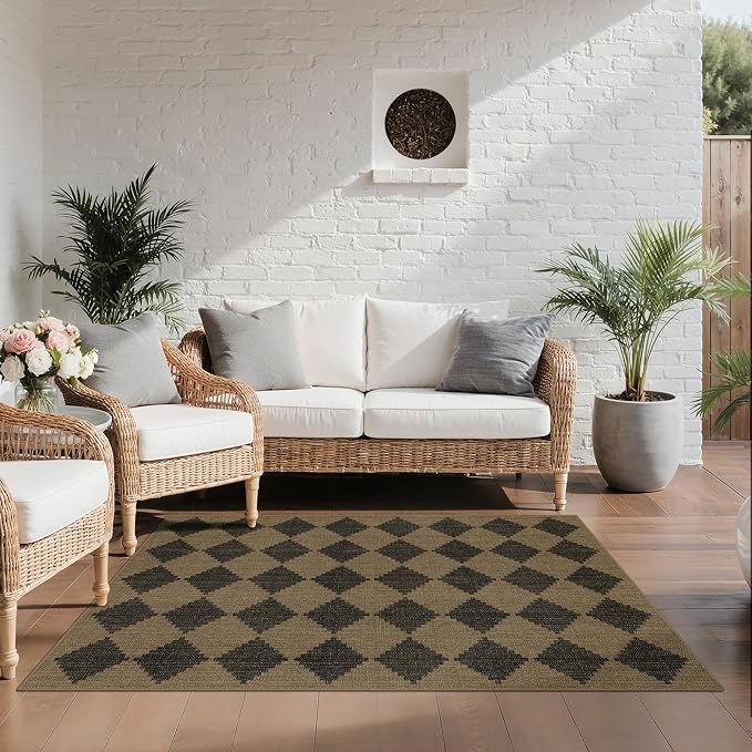 GENIMO Indoor Outdoor Area Rug 5'x8', Checkered Easy Jute Rug Machine Washable, Easy-Cleaning, Non Slip Geometric Outdoor Carpet for Patio, Living Room, Backyard, Porch, Deck, Balcony, Diamond Brown