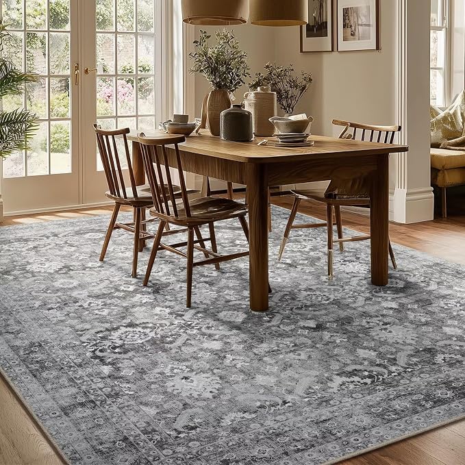 Boho Washable 6x9 Area Rugs for Living Room, Cushioned, Grey | Vintage Non-slip Neutral Oriental Rugs for Bedroom Dining Room Nursery Office High Traffic Area