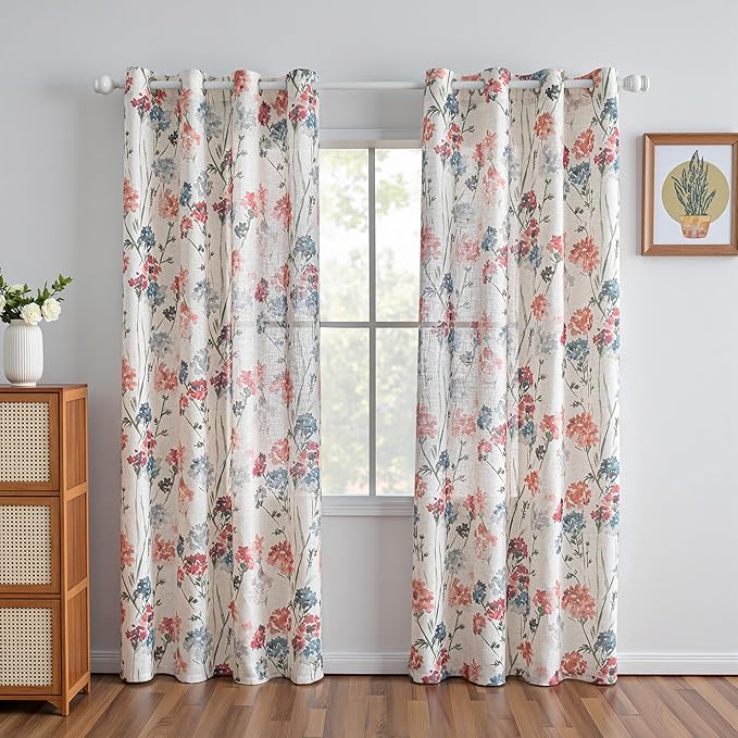 MYSKY HOME Linen Floral Curtains 84 inch Length 2 Panels Semi Sheer Light Filtering Privacy Protect Flower Patterned Drapes for Living Room Bedroom, 52" Wide, Red, Pack-2