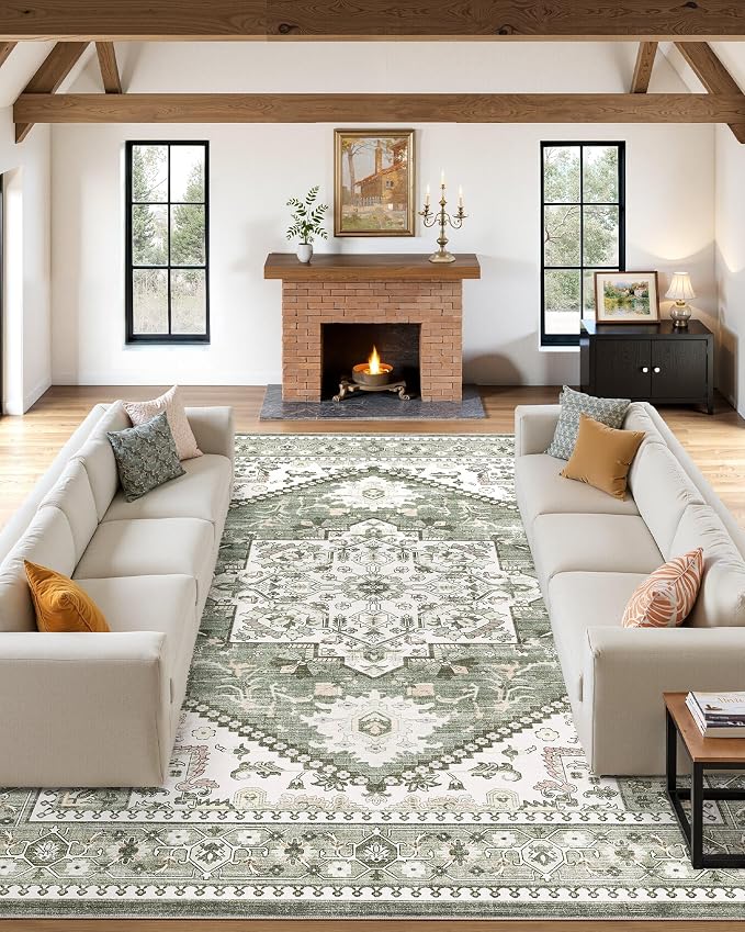 9x12 Vintage Area Rug: Washable Neutral Soft Non Slip Thin Large Floor Carpet for Living Room Bedroom Kitchen Dining Room Home Office Farmhouse Indoor - Green