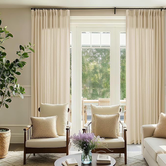 Beige Tan Linen 102 Inch Curtains 72 Inch Wide Privacy Pinch Pleated | Extra Wide, Sheer Curtains, for Patio Balcony Living Room Divider Drapes, Light Filtering, Farmhouse, Back Tab Drape, 72x102