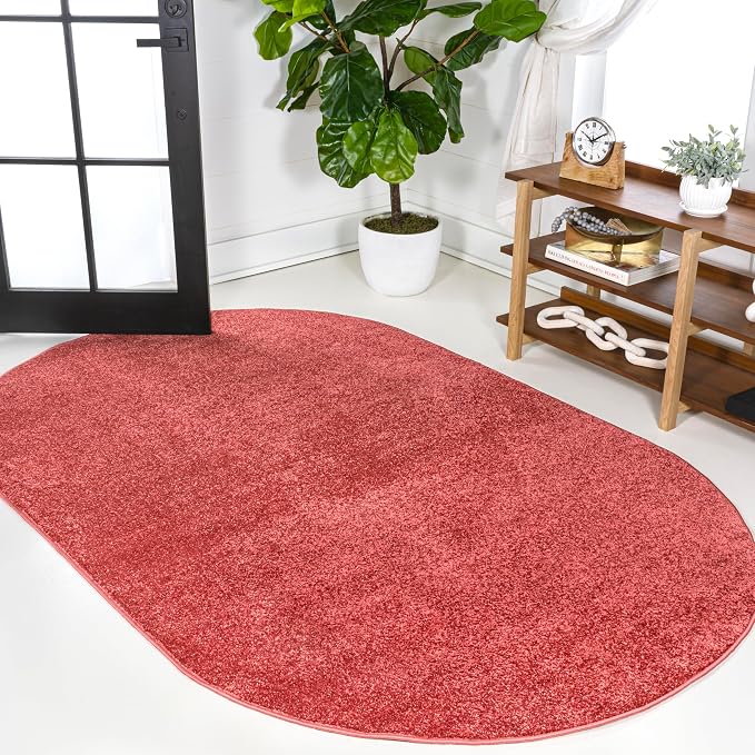 JONATHAN Y Haze Solid Low-Pile Red 5x8 Oval Indoor Area Rug, Coastal,Bohemian,Minimalist,Classic, Easy-Cleaning for Living Room,Bedroom,Kitchen,Pet Friendly,Non-Shedding (SEU100E-5OV)