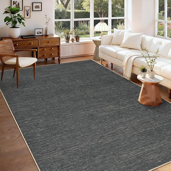 GarveeHome Easy Jute Rug 8x10 Washable Non Slip Solid Grey Living Room Rugs | Modern Neutral Throw Carpets Stain Resistant Contemporary Area Rugs for Porch Kitchen Bedroom Living Room Backyard, Grey