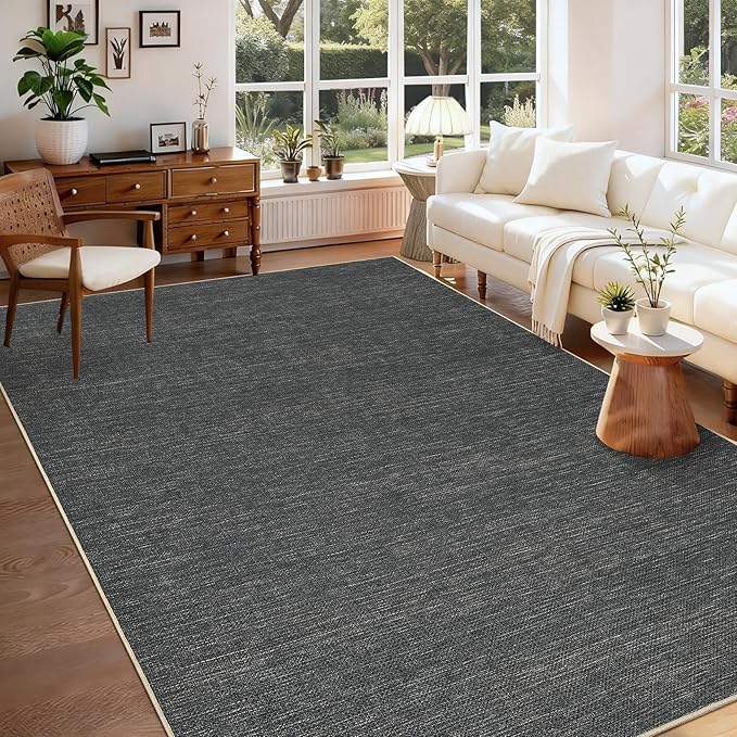 GarveeHome 5x7 Washable Rug for Bedroom Solid Easy Jute Living Room Rugs | Non Slip Modern Neutral Bordered Stain Resistant Indoor Throw Carpet for Nursery Kitchen Dining Room Entryway, Grey