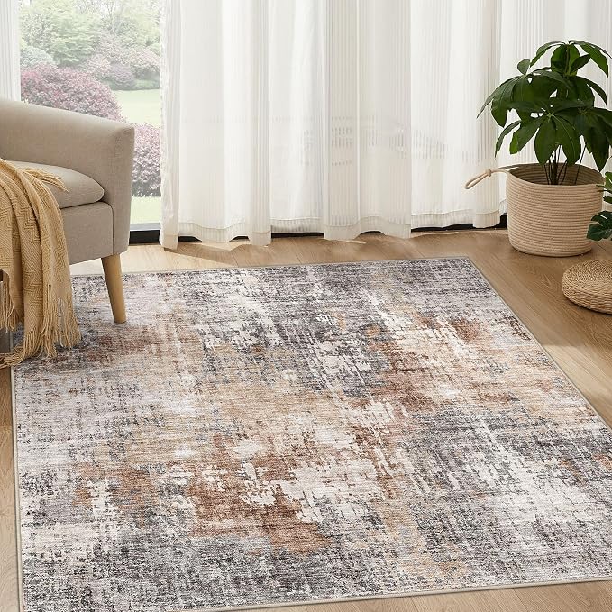 DMOYEST Square Area Rug Living Room Rugs - 5x5 Washable Large Soft Indoor Neutral Modern Abstract Low Pile Rug Carpet for Bedroom Dining Room Farmhouse Home Office - Grey Brown