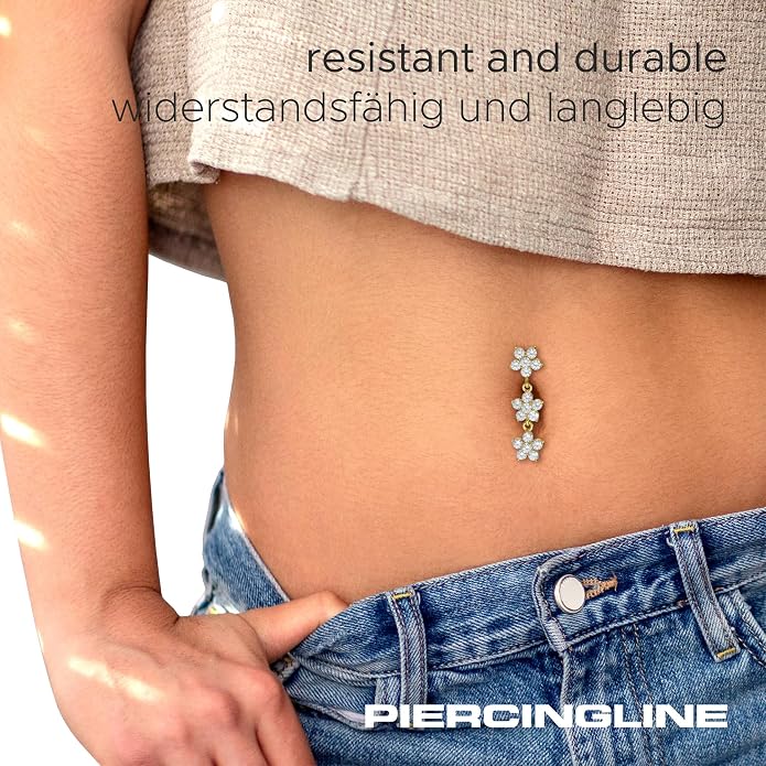 PIERCINGLINE surgical steel dangle belly button piercing with 3 crystal flowers - belly button ring surgical steel, gold, silver, rosegold piercing - new version with improved durability