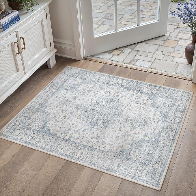 PureCozy 2x3 Washable Small Entryway Rug Neutral Blue Vintage Floral | Non Slip, Soft Low Pile, Door Mat for Bathroom, Indoor Entrance, Kitchen, Coastal Decor