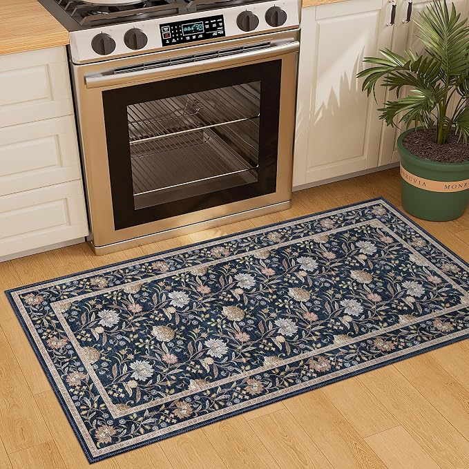 DUKINO 2x4 Rug, Washable Vintage Floral Entryway Rug Non Slip, Navy Blue | Low Pile, Non-Shedding, Stain Resistant Boho Lightweight Soft Indoor Carpet for Kitchen Bathroom Hallway Laundry Farmhouse