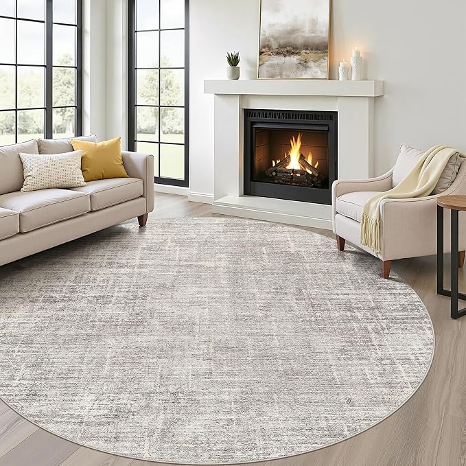 8ft Round Rug Living Room: 8x8 Washable Large Neutral Circle Area Rug Abstract Soft Modern Stain Resistant Indoor Floor Non-Slip Carpet for Bedroom Nursery Kids Office Playroom Dining Room- Brown Gray