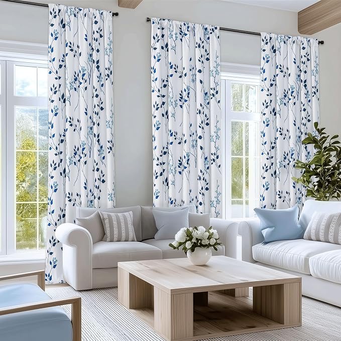 Beauoop Floral 100% Blackout Curtains for Bedroom Navy Blue 52X84 2 Panels | Flower Patterned Navy White Room Darkening Drapes for Living Room 84 Inch Long Thermal Soundproof Window treatment Rod Pocket