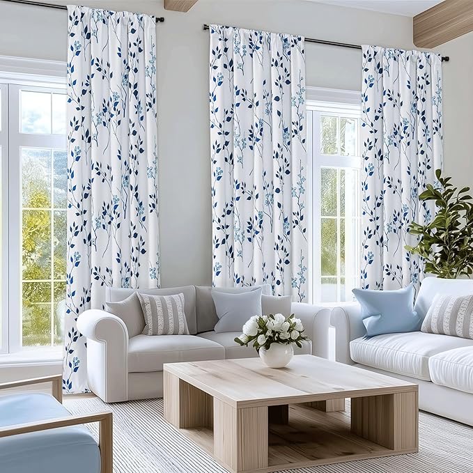 Beauoop Floral 100% Blackout Curtains for Bedroom Navy Blue 52X96 2 Panels | Flower Patterned Navy White Room Darkening Drapes for Living Room 96 Inch Long Thermal Soundproof Window treatment Rod Pocket