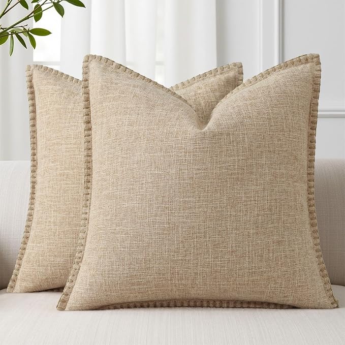 decorUhome Taupe Faux Linen Outdoor Throw Pillow Covers 16x16 Set of 2 | Fall Decorative Textured Neutral Modern Farmhouse Pillow Covers with Stitched Edge for Couch Sofa Bed Living Room