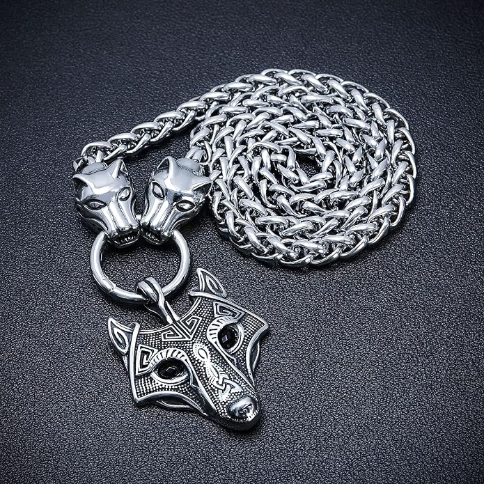 BAVIPOWER Viking Amulet Pendant with Big Wolf Head Chain Necklace 316L Stainless Steel Norse Scandinavian Necklace Authentic Viking
