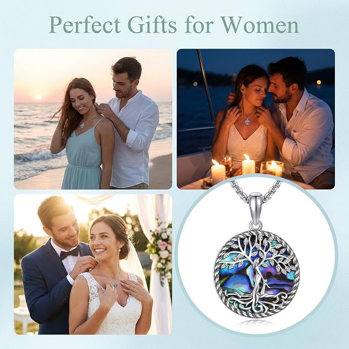 Tree of Life Necklace 18K White Gold Plated Tree of Life Abalone Shell/Crystal Pendant Necklace Family Tree Jewelry Gifts for Women Mothers Day Gifts