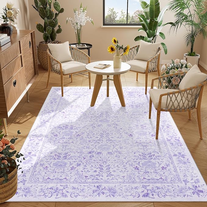DUKINO 4x6 Rug for Living Room, Washable Vintage Floral Area Rug, Purple | Non Slip, Low Pile, Non-Shedding, Aesthetic Lightweight Soft Indoor Carpet for Bedroom Kitchen Bathroom Entryway Farmhouse