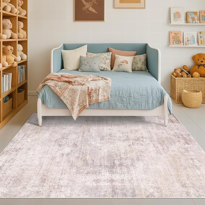 Pink and Grey 6x8 Living Room Rug, Morden Washable Area Rug for Bedroom, Non Slip Carpet for Dinning Room Under Table, Medallion Distressed Print Pattern