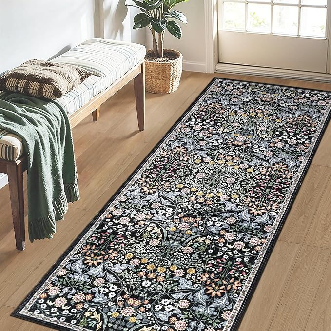 Runner Rug for Entryway: 2x5 Kitchen Rugs Non Slip Washable Ultra-Thin Soft Floral Carpet Indoor Floor Stain Resistant Carpets for Hallway Bedroom Kitchen Laundry Bathroom Dorm Dark Black