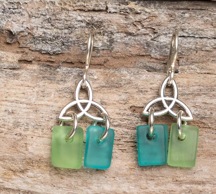 Sea Glass Celtic Knot Earrings - Sterling Drop Beach Earrings for Women by EcoSeaCo, using recycled and sustainable material. Handmade in the USA