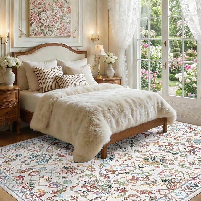 Colorful Area Rugs 5x7 for Living Room, Machine Washable Rugs for Bedroom, Vintage Living Room Rug, Rug Non Slip Carpet Cream Green Area Rug for Bedroom Dining Room