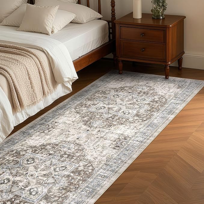 Tortania Area Rug 2x8 Runner Rugs - Washable Vintage Oriental Farmhouse Thin Indoor Carpet for Living Room Bedroom Hallway Entryway Kitchen Under Dining Table Home Office - Brown Blue
