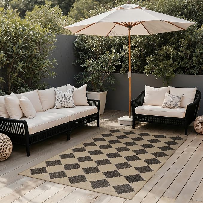 GENIMO Indoor Outdoor Area Rug 5'x8', Checkered Easy Jute Rug Machine Washable, Easy-Cleaning, Non Slip Geometric Outdoor Carpet for Patio, Living Room, Backyard, Porch, Deck, Balcony